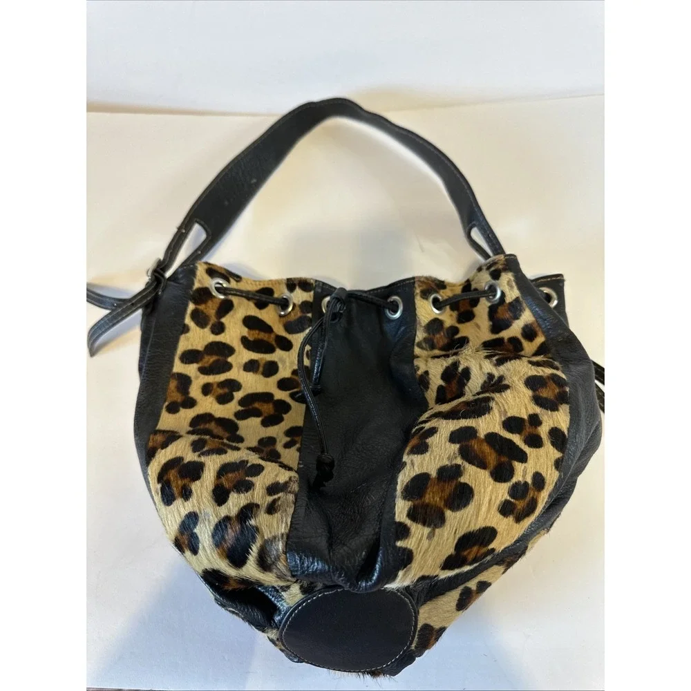 Divina Firenze Calf Hair Leopard Print Pouch Drawstring Bucket Bag Italy